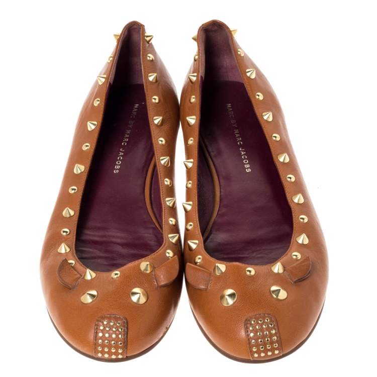 Pre Owned Marc by Marc Jacobs Tan Leather Spike Trim Mouse Ballet Flats Size 41