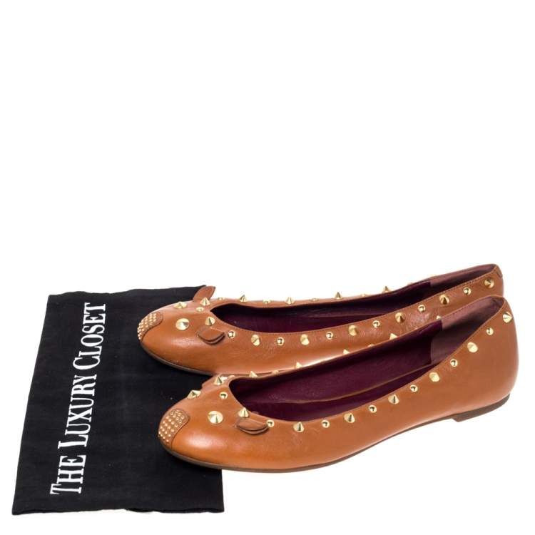 Pre Owned Marc by Marc Jacobs Tan Leather Spike Trim Mouse Ballet Flats Size 41