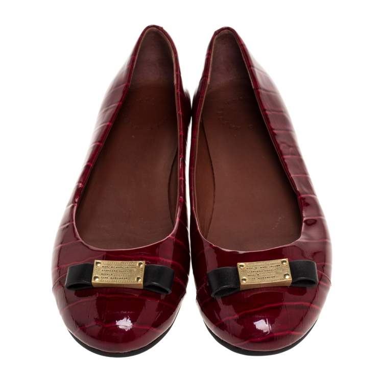 Pre Owned Marc by Marc Jacobs Red Croc Embossed Patent Leather Logo Ballet Flats Size 39