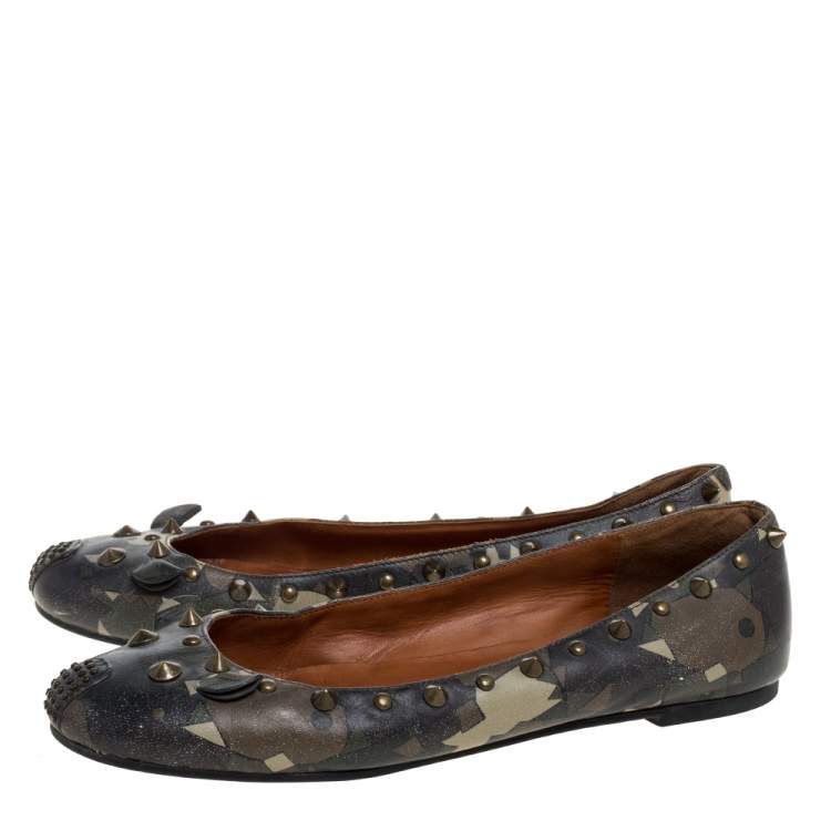 Pre Owned Marc by Marc Jacobs Multicolor Camo Leather Spike Trim Mouse Ballet Flats Size 37