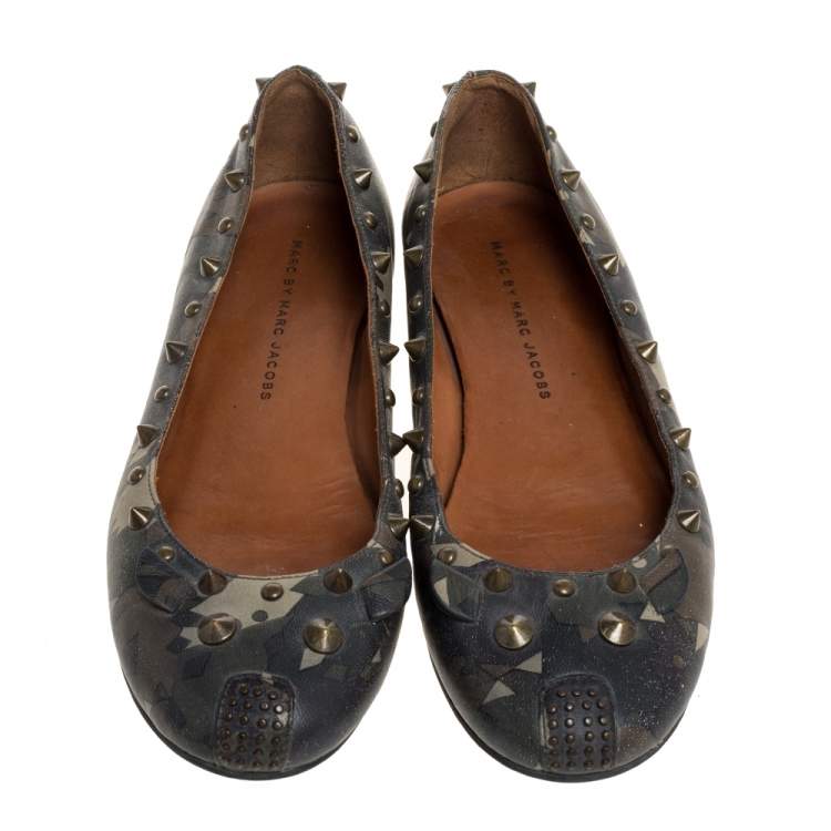 Pre Owned Marc by Marc Jacobs Multicolor Camo Leather Spike Trim Mouse Ballet Flats Size 37