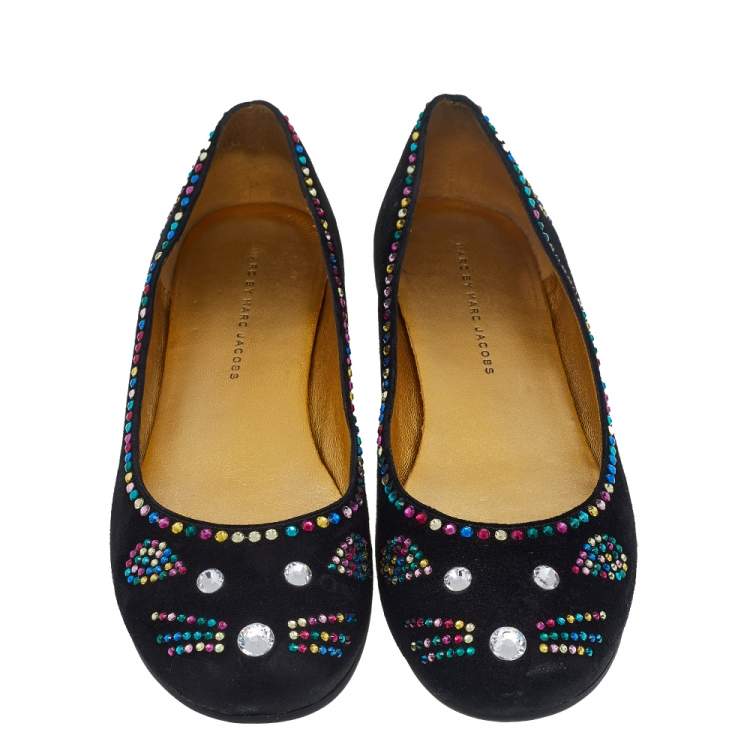Pre Owned Marc by Marc Jacobs Black Suede Crystal Embellshed Ballet Flats Size 39