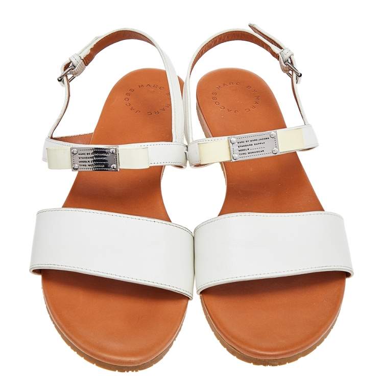 Pre Owned Marc By Marc Jacobs White Leather Bow Flat Slingback Sandals Size 39.5