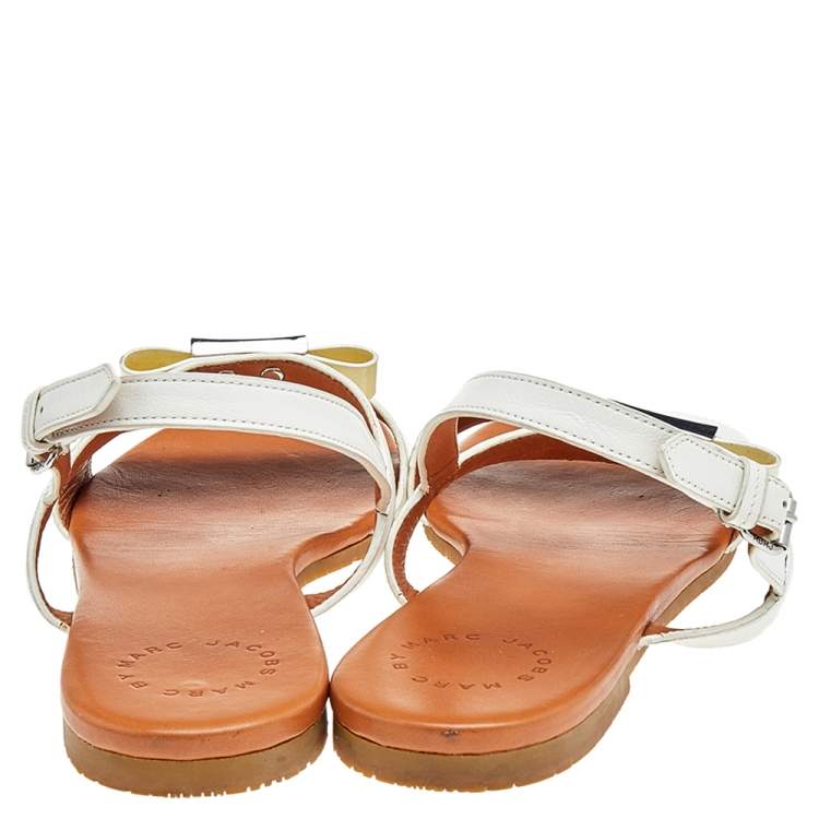Pre Owned Marc By Marc Jacobs White Leather Bow Flat Slingback Sandals Size 39.5
