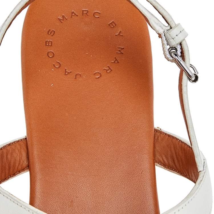 Pre Owned Marc By Marc Jacobs White Leather Bow Flat Slingback Sandals Size 39.5