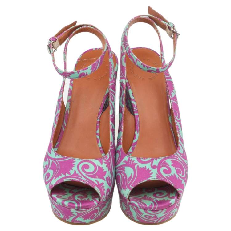 Pre Owned Marc by Marc Jacobs Pink/Green Floral Fabric Wedge Platform Ankle Strap Sandals Size 38