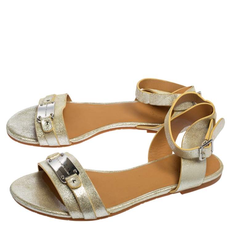 Pre Owned Marc by Marc Jacobs Silver Metallic Finish Leather Flat Sandals Size 36.5