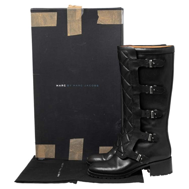 Pre Owned Marc By Marc Jacobs Black Leather Quilted Multi Strap Knee High Boots Size 40