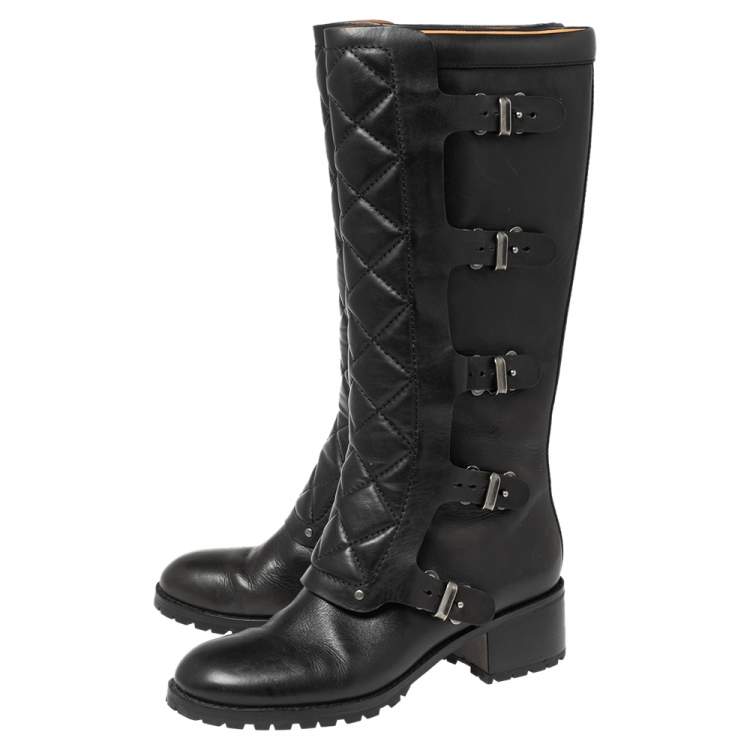 Pre Owned Marc By Marc Jacobs Black Leather Quilted Multi Strap Knee High Boots Size 40