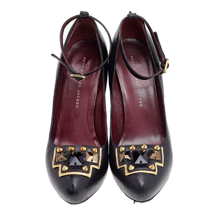Pre Owned Marc by Marc Jacobs Black Leather Embellished Wedge Ankle Strap Pumps Size 38.5