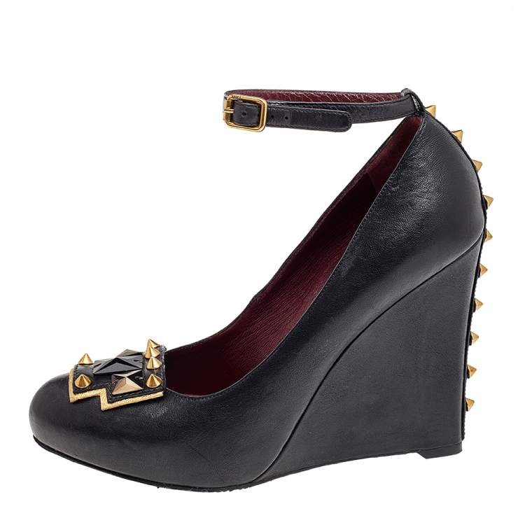 Pre Owned Marc by Marc Jacobs Black Leather Embellished Wedge Ankle Strap Pumps Size 38.5