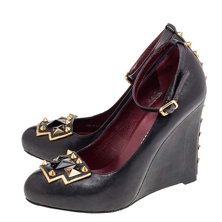 Pre Owned Marc by Marc Jacobs Black Leather Embellished Wedge Ankle Strap Pumps Size 38.5