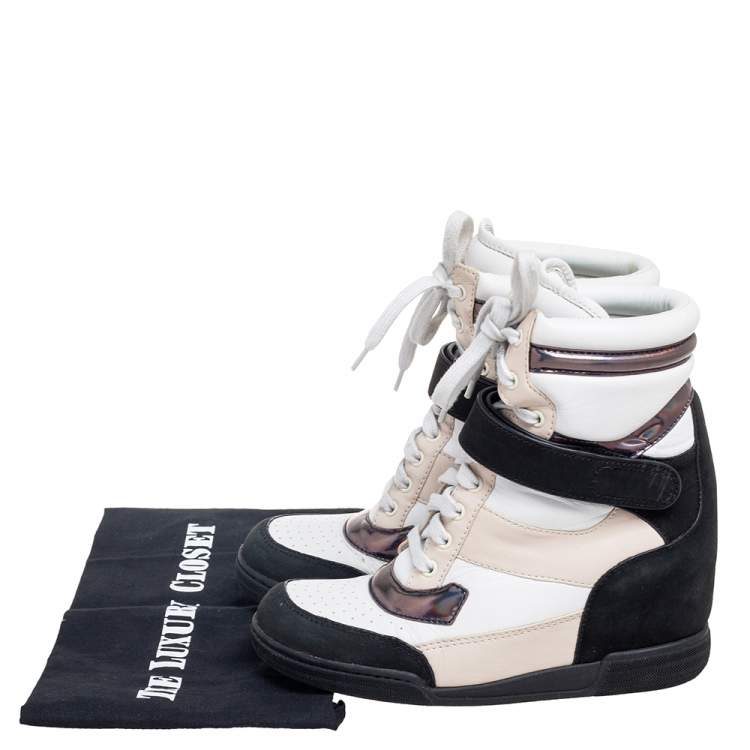 Pre Owned Marc by Marc Jacobs Tri-Color Leather and Suede Lace-Up Wedge Sneakers Size 37