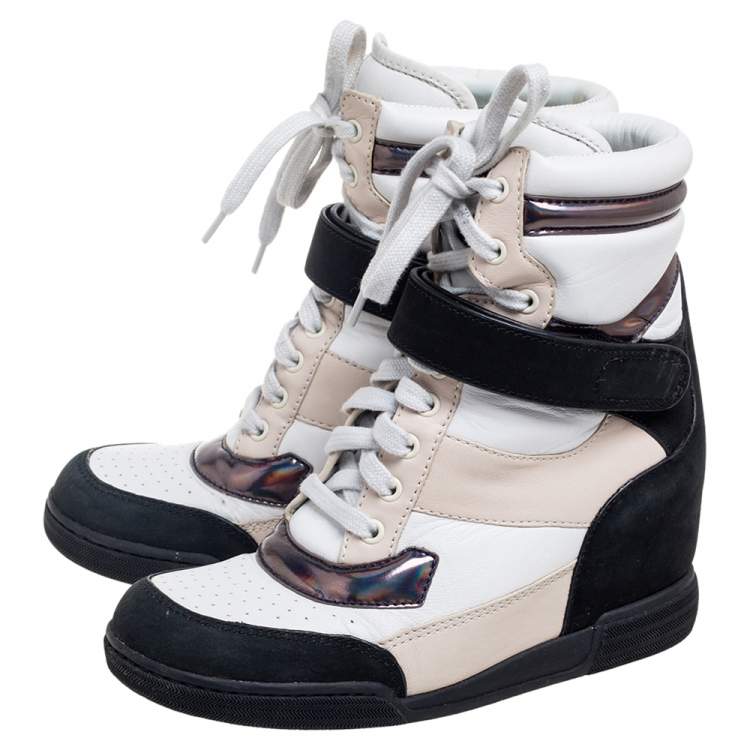 Pre Owned Marc by Marc Jacobs Tri-Color Leather and Suede Lace-Up Wedge Sneakers Size 37
