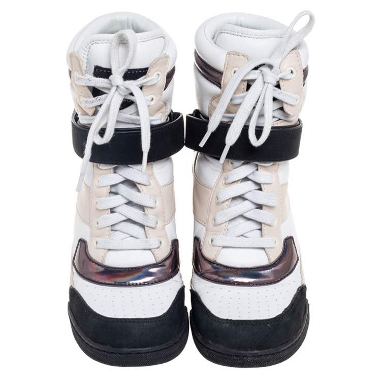 Pre Owned Marc by Marc Jacobs Tri-Color Leather and Suede Lace-Up Wedge Sneakers Size 37