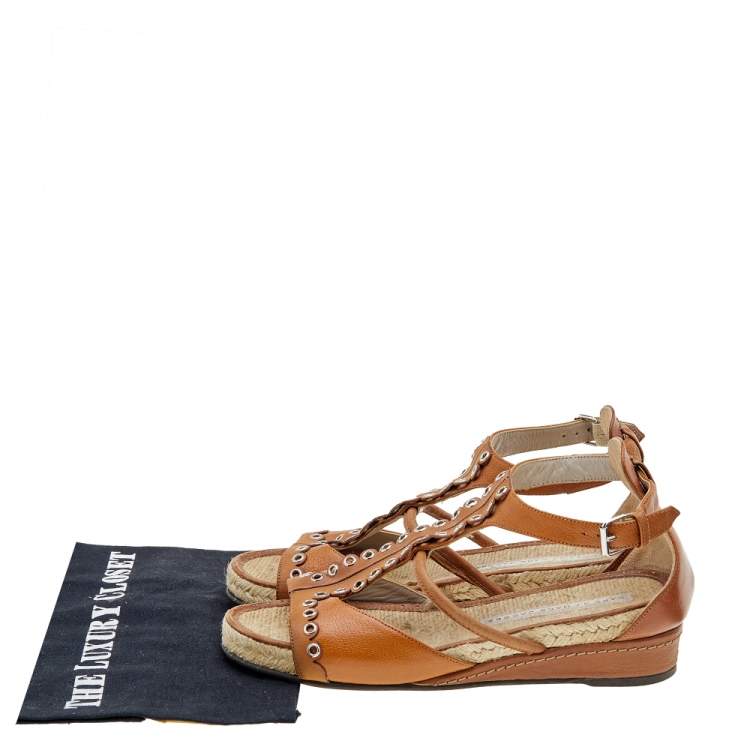 Pre Owned Marc by Marc Jacobs Tan Leather Espadrille Wedge Sandals Size 39