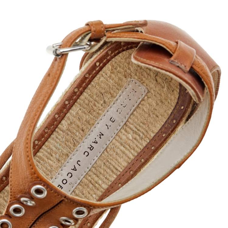 Pre Owned Marc by Marc Jacobs Tan Leather Espadrille Wedge Sandals Size 39