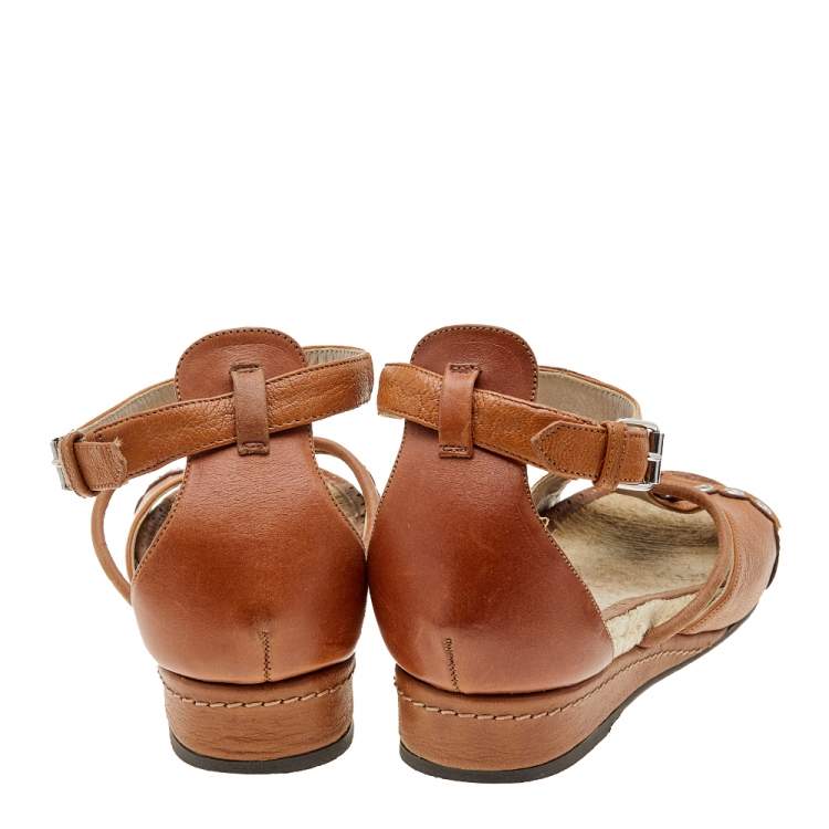 Pre Owned Marc by Marc Jacobs Tan Leather Espadrille Wedge Sandals Size 39