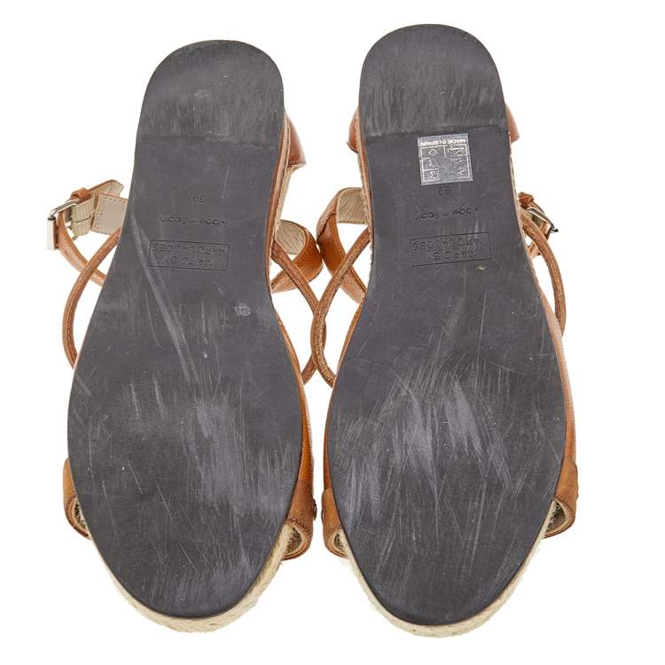 Pre Owned Marc by Marc Jacobs Tan Leather Espadrille Wedge Sandals Size 39