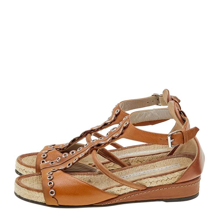 Pre Owned Marc by Marc Jacobs Tan Leather Espadrille Wedge Sandals Size 39