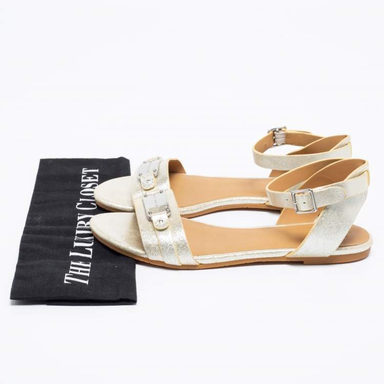Pre Owned Marc by Marc Jacobs Metallic Silver Leather Ankle Strap Flats Size 37