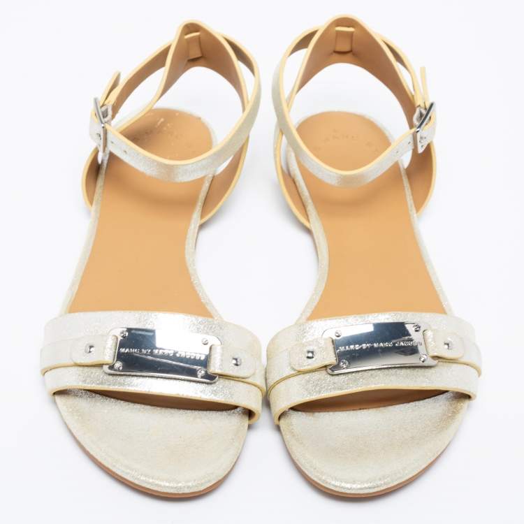 Pre Owned Marc by Marc Jacobs Metallic Silver Leather Ankle Strap Flats Size 37