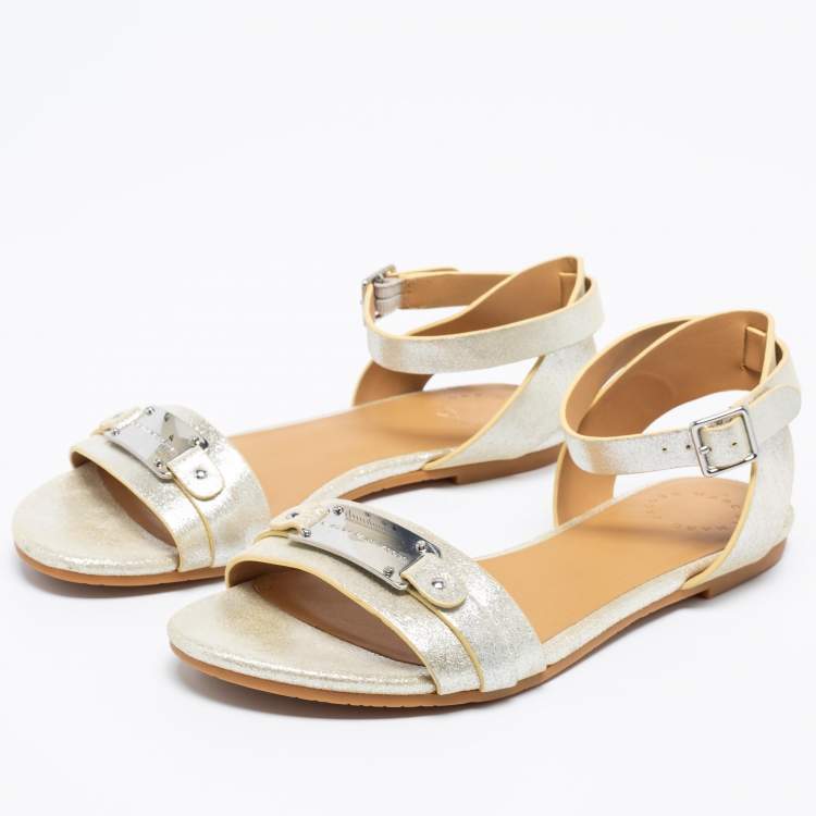 Pre Owned Marc by Marc Jacobs Metallic Silver Leather Ankle Strap Flats Size 37
