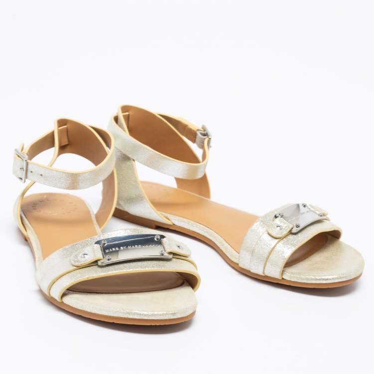 Pre Owned Marc by Marc Jacobs Metallic Silver Leather Ankle Strap Flats Size 37