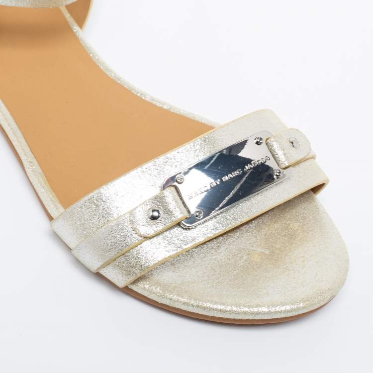 Pre Owned Marc by Marc Jacobs Metallic Silver Leather Ankle Strap Flats Size 37