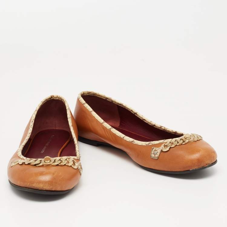 Pre Owned Marc by Marc Jacobs Tan Leather Chain Detail Ballet Flats Size 38.5