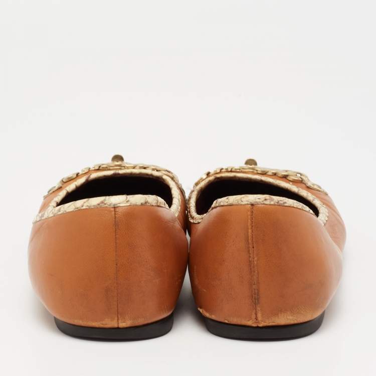 Pre Owned Marc by Marc Jacobs Tan Leather Chain Detail Ballet Flats Size 38.5