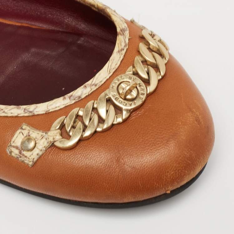 Pre Owned Marc by Marc Jacobs Tan Leather Chain Detail Ballet Flats Size 38.5