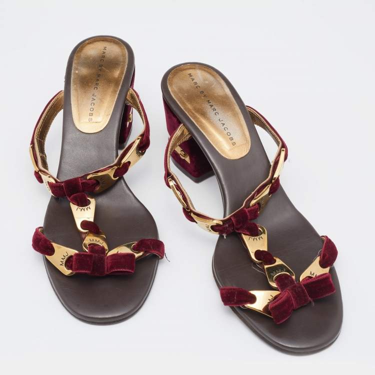 Pre Owned Marc by Marc Jacobs Burgundy Velvet Bow Block Heel Slide Sandals Size 39.5