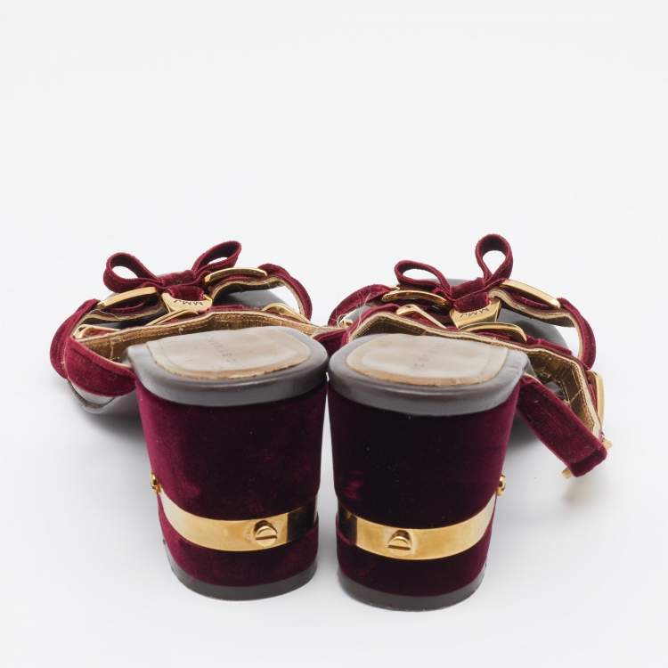 Pre Owned Marc by Marc Jacobs Burgundy Velvet Bow Block Heel Slide Sandals Size 39.5