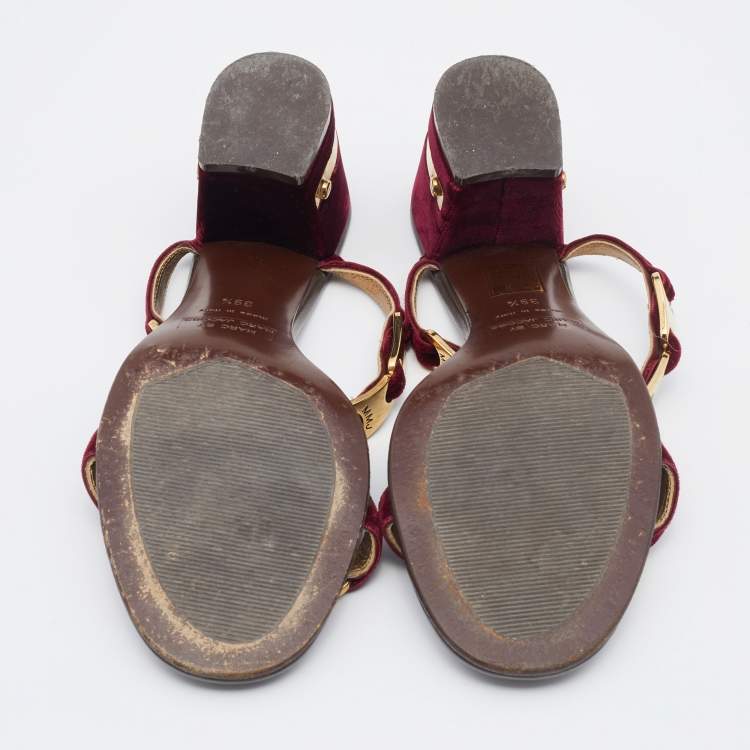 Pre Owned Marc by Marc Jacobs Burgundy Velvet Bow Block Heel Slide Sandals Size 39.5