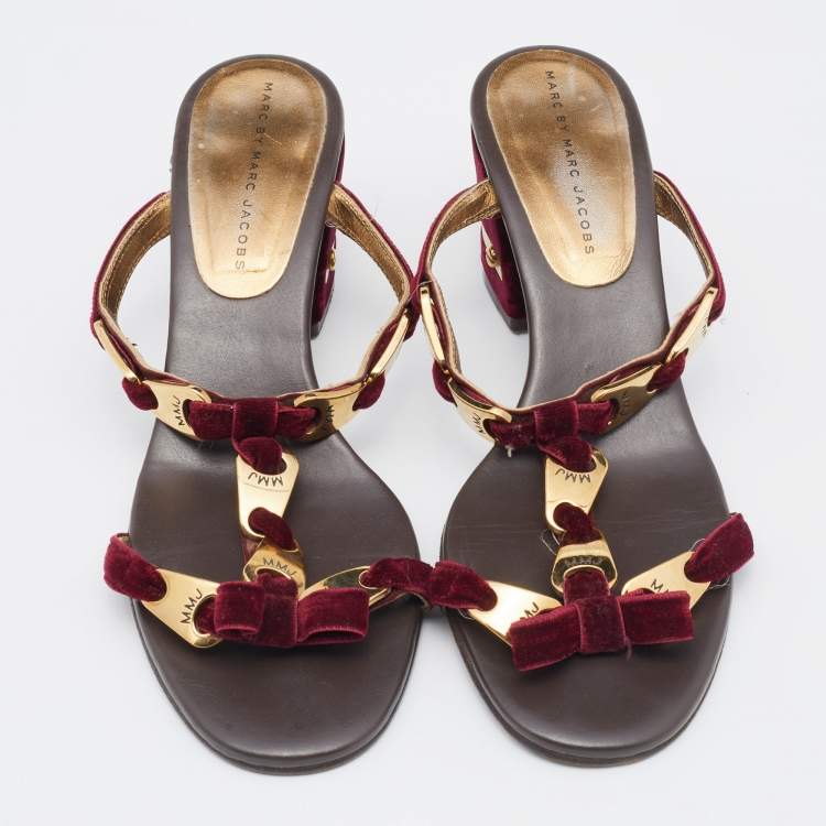 Pre Owned Marc by Marc Jacobs Burgundy Velvet Bow Block Heel Slide Sandals Size 39.5