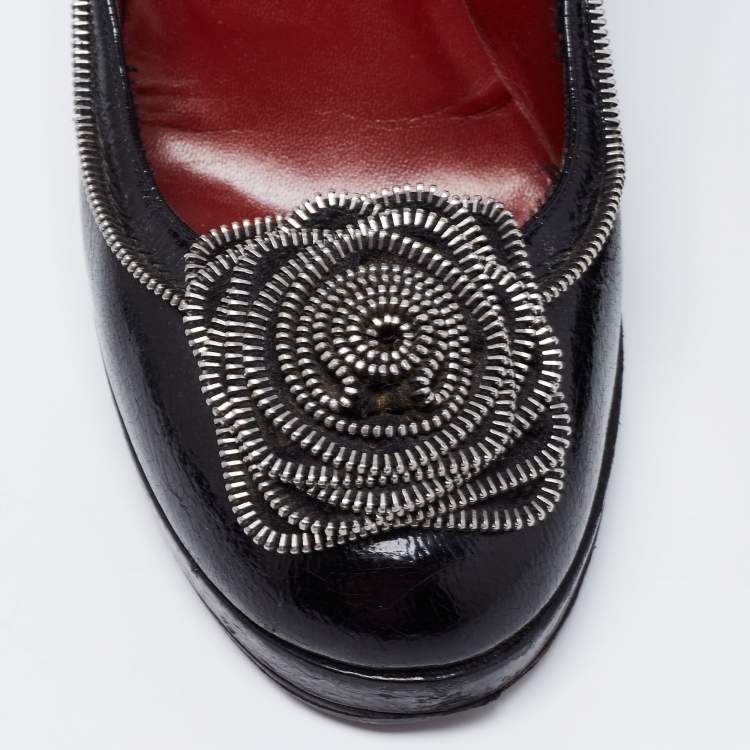 Pre Owned Marc by Marc Jacobs Black Leather Zipper Flower Pumps Size 37.5