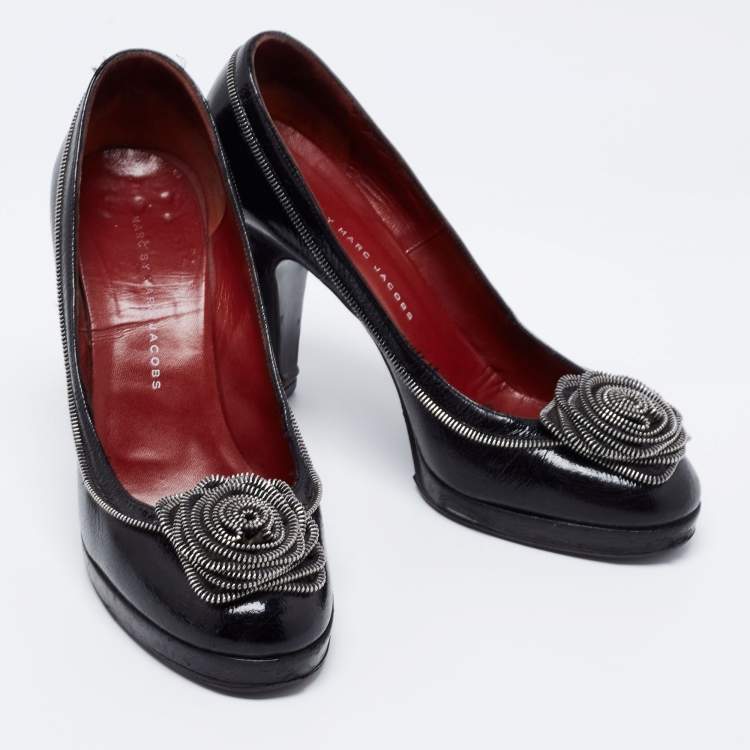 Pre Owned Marc by Marc Jacobs Black Leather Zipper Flower Pumps Size 37.5