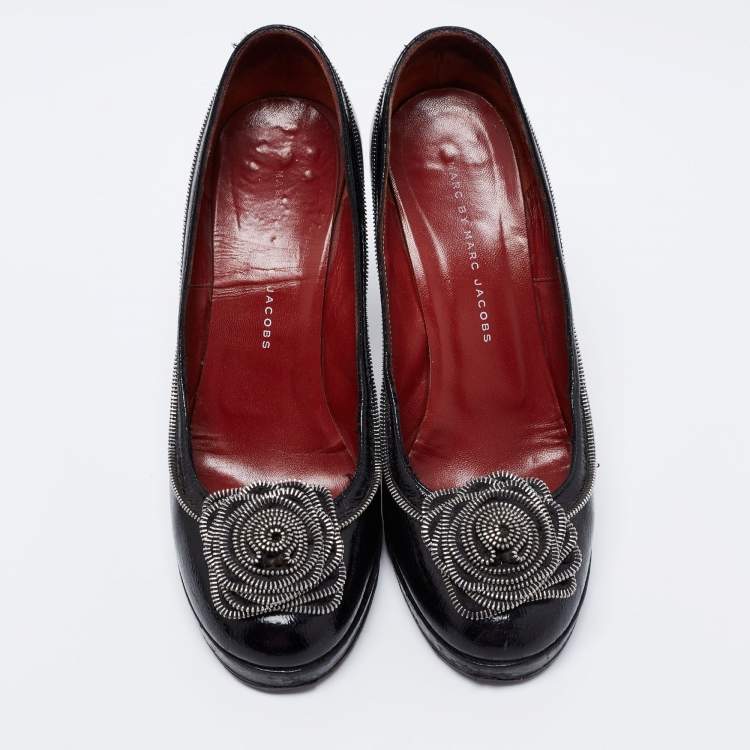 Pre Owned Marc by Marc Jacobs Black Leather Zipper Flower Pumps Size 37.5