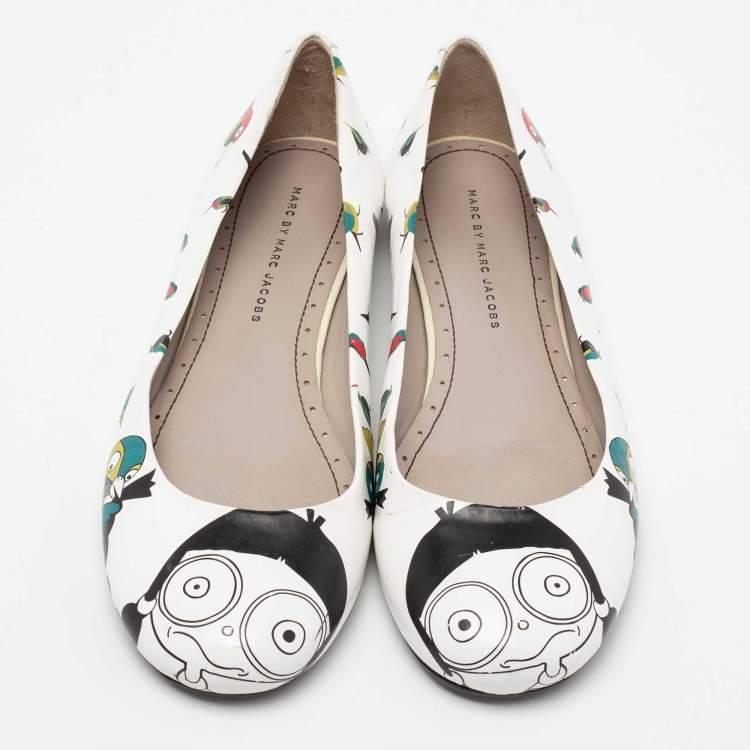 Pre Owned Marc by Marc Jacobs White/Multicolor Bird Printed Leather Ballet Flats Size 40