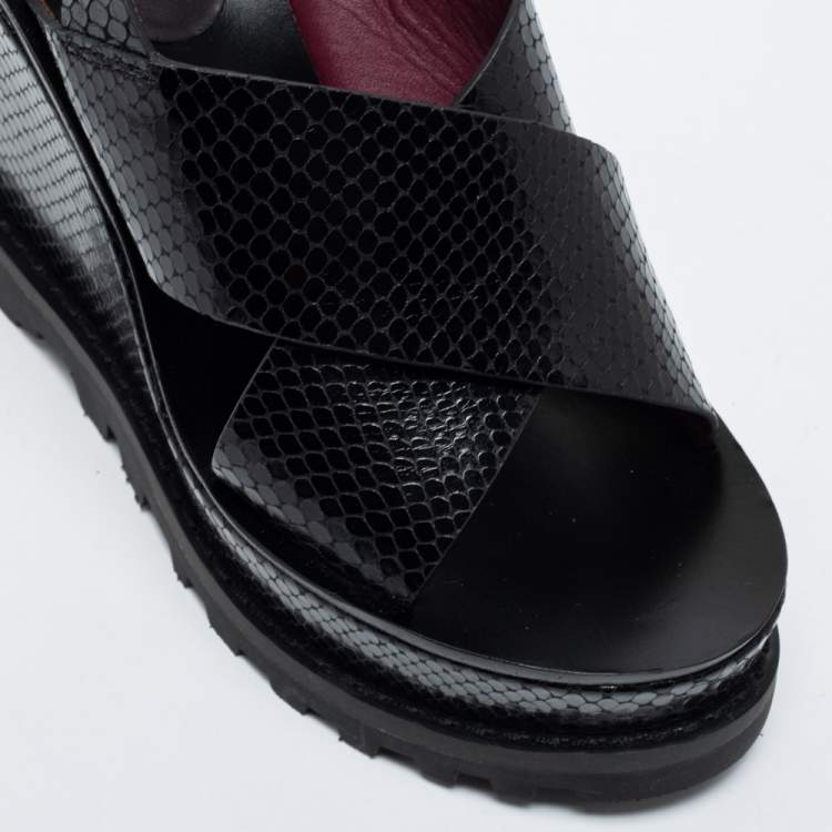 Pre Owned Marc by Marc Jacobs Black Snakeskin Embossed Leather Irving Cross Strap Platform Wedge Sandals Size 38