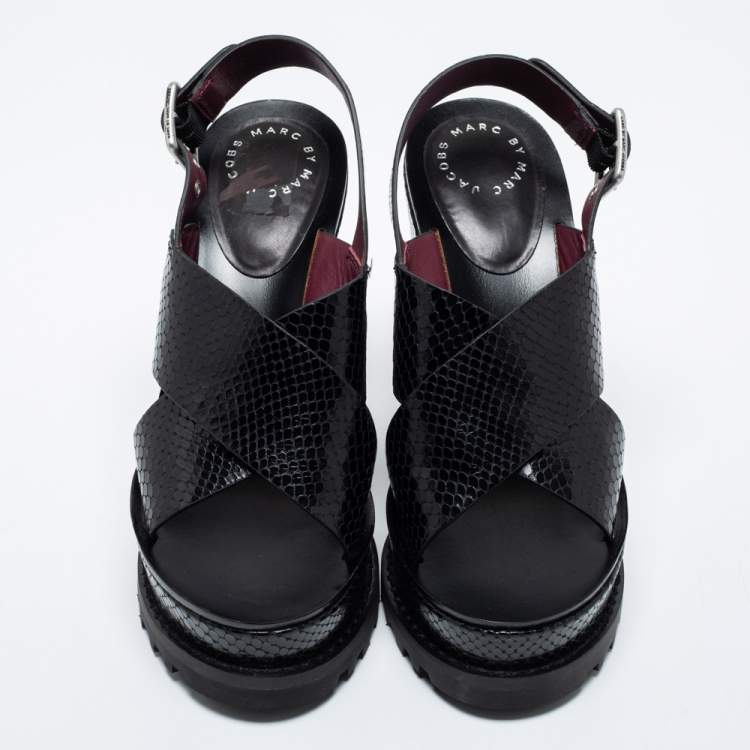 Pre Owned Marc by Marc Jacobs Black Snakeskin Embossed Leather Irving Cross Strap Platform Wedge Sandals Size 38