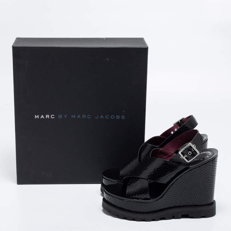 Pre Owned Marc by Marc Jacobs Black Snakeskin Embossed Leather Irving Cross Strap Platform Wedge Sandals Size 38