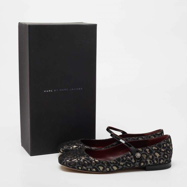 Pre Owned Marc by Marc Jacobs Black/Gold Leopard Jacquard Fabric Brooke Mary Jane Flats Size 36.5