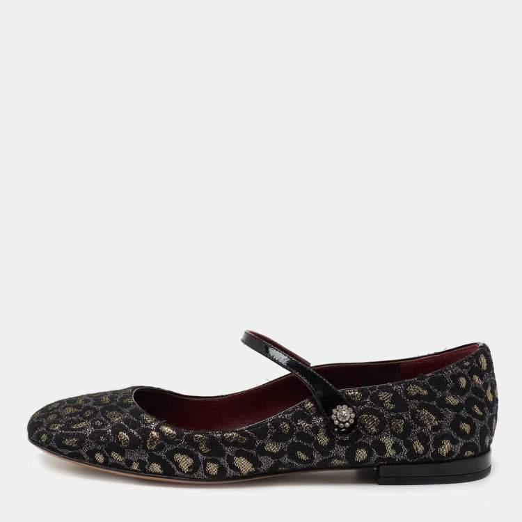 Pre Owned Marc by Marc Jacobs Black/Gold Leopard Jacquard Fabric Brooke Mary Jane Flats Size 36.5