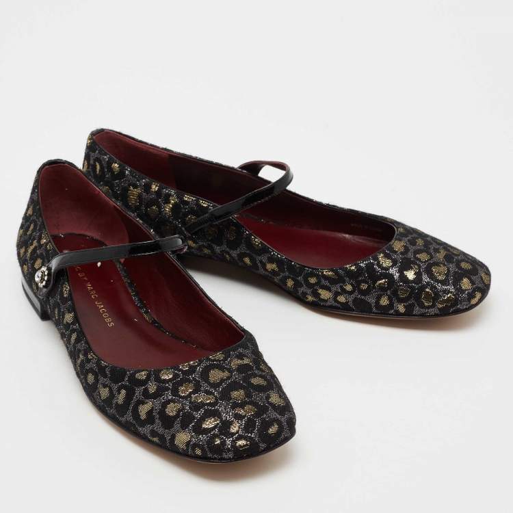 Pre Owned Marc by Marc Jacobs Black/Gold Leopard Jacquard Fabric Brooke Mary Jane Flats Size 36.5