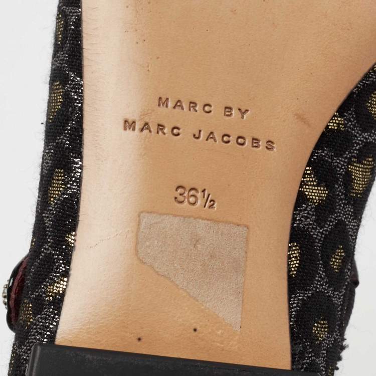 Pre Owned Marc by Marc Jacobs Black/Gold Leopard Jacquard Fabric Brooke Mary Jane Flats Size 36.5