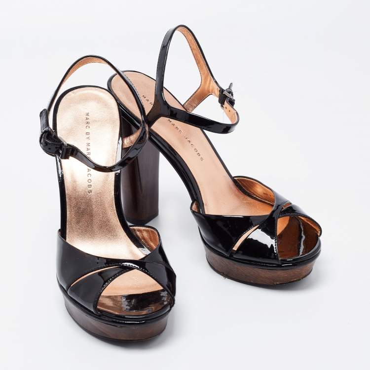 Pre Owned Marc by Marc Jacobs Black Patent Leather Ankle Strap Platform Sandals Size 37