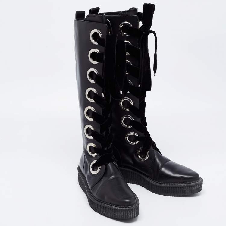 Pre Owned Marc by Marc Jacobs Black Leather Lace Up Knee High Boots Size 38