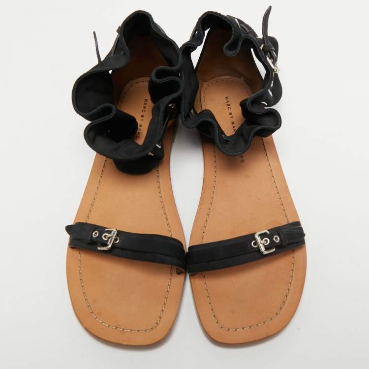 Pre Owned Marc by Marc Jacobs Black Suede Ankle Cuff Flat Sandals Size 39